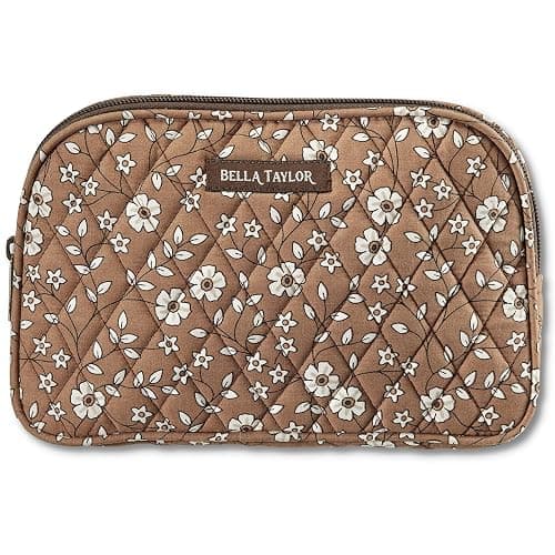 Bella Taylor Large Quilted Cotton Makeup Pouch for Women, Travel Cosmetic Bag, Quilted Cotton Vintage Vine Brown Floral - Image 1