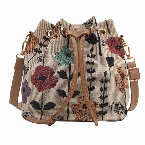 cute bucket bags for women, kawaii small floral tote bag flower purse, mini embroidery aesthetic boho bag needlepoint barrel drawstring purse - Image 1