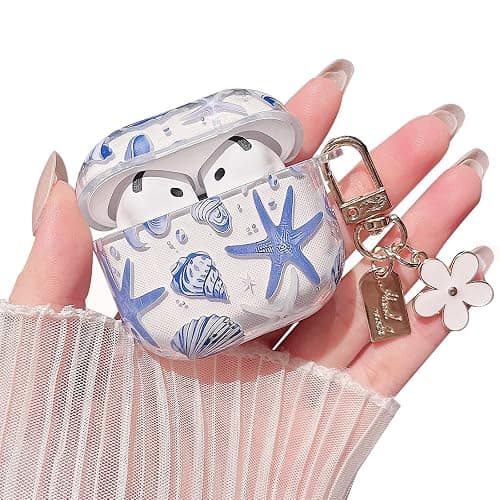 MINSCOSE Compatible with AirPods 4 Clear Case,Cute Beautiful Seashell and Starfish Pattern Design with Keychain, Soft TPU Protective Shockproof Cover for AirPods 4 for Women Girls-Blue - Image 1