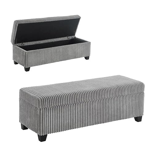 mikibama Corduroy Storage Ottoman Bench,Bed End Ottoman Bench with Storage,48" Long Storage Benches for Bedroom,Living Room,Entryway,Window,Mid Century Modern Storage Chest (Grey, 48") - Image 1