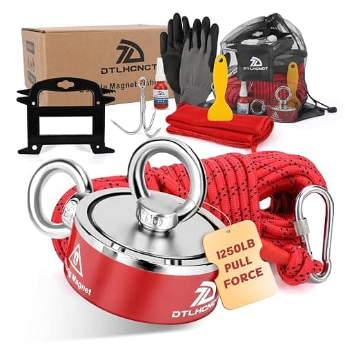 DTLHCNCT Magnet Fishing Kit,1250 lbs Double Sided Strong Magnet with 20m (65 FT) Durable Rope, Carabiner, Rope Winders,Gloves,Grappling Hook & Carrying Bag,11 Piece Complete Set Fishing Magnet Kit - Image 1