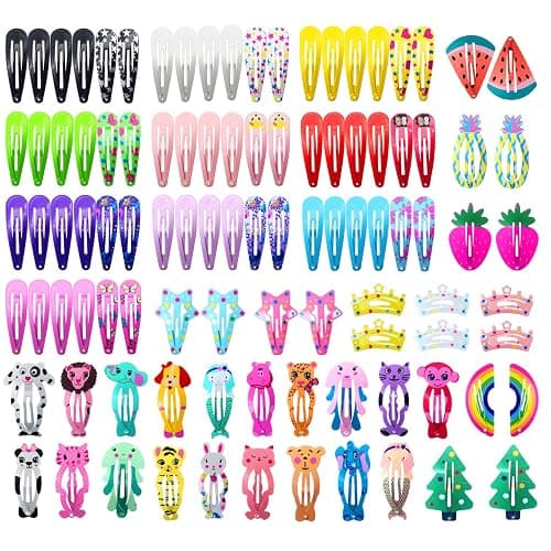 Funtopia Hair Clips for Girls,100 Pcs No Slip Metal Snap, Barrettes for Kids Teens Women, Cute Candy Color Cartoon Design Hair Pins (Animals Fruits Crowns Stars) - Image 1