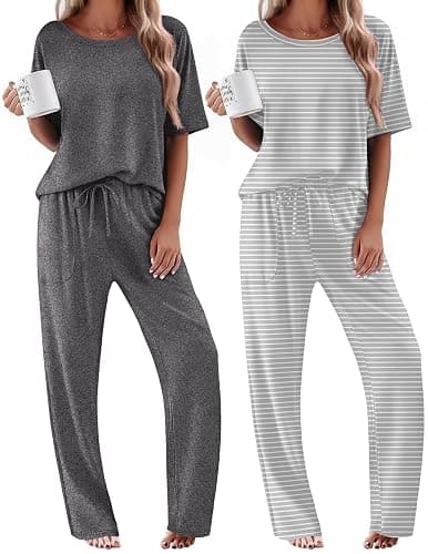 Ekouaer 2 Pack Womens Pajama Sets Short Sleeve Tops and Long Pants Casual Comfy Pjs Lounge Set with Pockets,S-XXL - Image 1