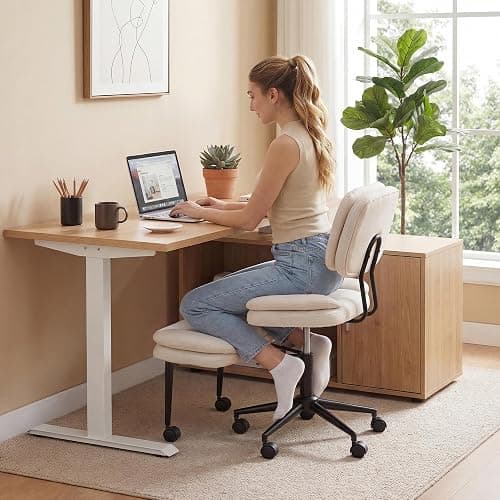COSIEST Cross Legged Office Chair with Wheels, Ergonomic Kneeling Chair for Adults, Criss Cross Chair with Wide Seat, 360° Swivel Meditation Yoga Desk Chair, Adjustable Height, White - Image 1