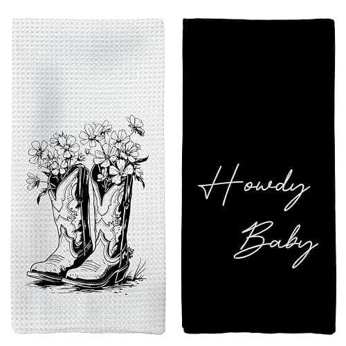 Tzhim Western Kitchen Towels, Preppy Cowboy Hand Towels, Black Cowgirls Boots Floral Rodeo Dishcloths Tea Towels for Kitchen, Vintage Retro Howdy Baby KitchenBathroom Decor Set of 2, 16x24in - Image 1