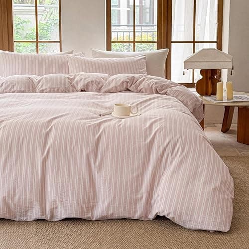 BESTDESIL Striped Duvet Cover Set,100% Washed Cotton Linen Like Comforter Cover,Breathable,Durable,Comfy(Strip-Greyish Pink/White,Queen Size) - Image 1