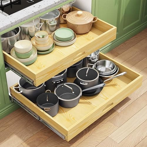 Pull Out Cabinet Organizer, Soft Close Wooden Slide Out Drawers for Pots and Pans, Full-extension Roll Out Shelves for Kitchen Cabinets, Pantry Organization, Bottom & Side Mount(26"W X 21"D x 3.4''H) - Image 1