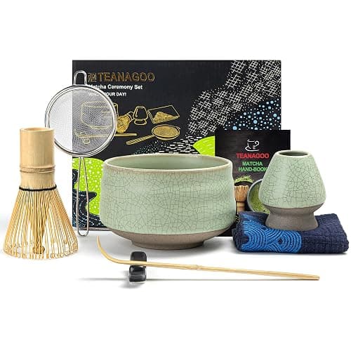 TEANAGOO Matcha Set| Matcha Besen|Matcha Tea Set | Matcha Schale| Matcha Whisk,Schaufel, Sieb, Matcha-Besenhalter, Matcha-Besenständer-7 Stück MatchaTee Sets,N6, Lt.grün mit Schwarzer Naht - Ruware-Set - Lt.grün mit Schwarzer Naht - Image 1