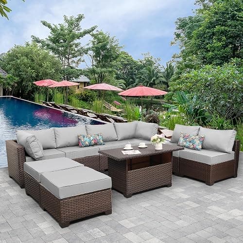 Lviden 9 Pieces Wicker Patio Furniture Set Outdoor PE Rattan Sectional Conversation Sofa Set with Grey Cushions and Storage Table - with storage table - Light Grey - Image 1