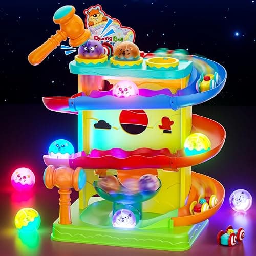 Funwee 2-in-1 Ball & Racing Car Ramp Toy for Toddlers, Race Track Hammer Rolling Lights Ball Drop, Interactive Montessori Learning Game Birthday Gift Idea for Kids 2 3 4 5+Year Old Girl Boy(Yellow) - Image 1