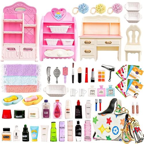 74Pcs Dollhouse Acessories Furniture Mini Cabinet with Drawers Case Handbag Towel Cosmetic Set Bathroom Toothbrush Shampoo Hair Dryer Comb Purse Decor DIY Doll Backpack Girl Micro Scene Makeup - Image 1
