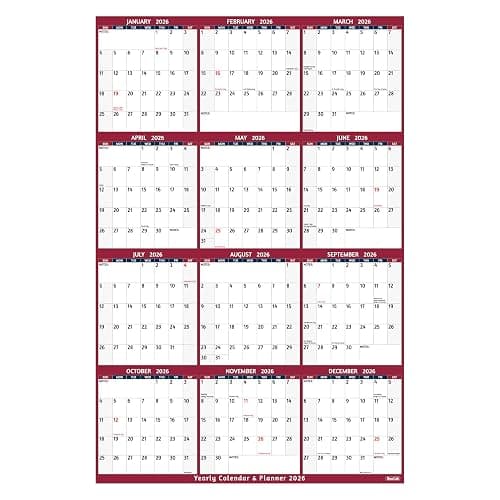 2026 Yearly Wall Calendar - Large Yearly Calendar 2026, Jan 2026 - Dec 2026, 25.2" x 38.2" (Open), 2026 Calendar, Large Wall Calendar 2026, Full Year Paper with Notes, Thicker Paper - Red - Image 1