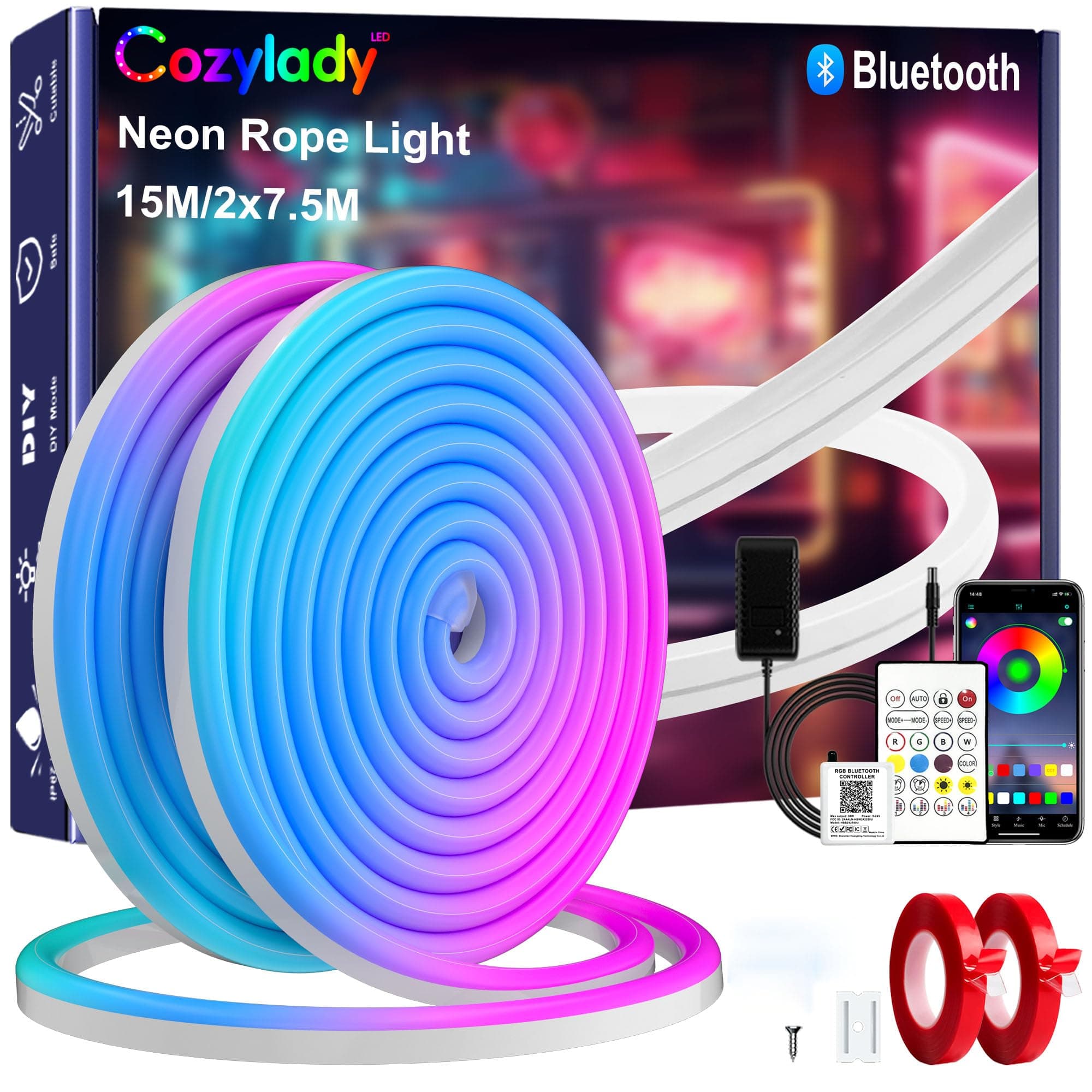 Cozylady 50ft Bluetooth RGB LED Neon Light, Waterproof RGB Neon Light APP & Remote Control Music Sync 24V Flexible DIY Silicone Light for Party Balcony Indoor Outdoor Decor(2 Rolls of 7.5m) - Image 1