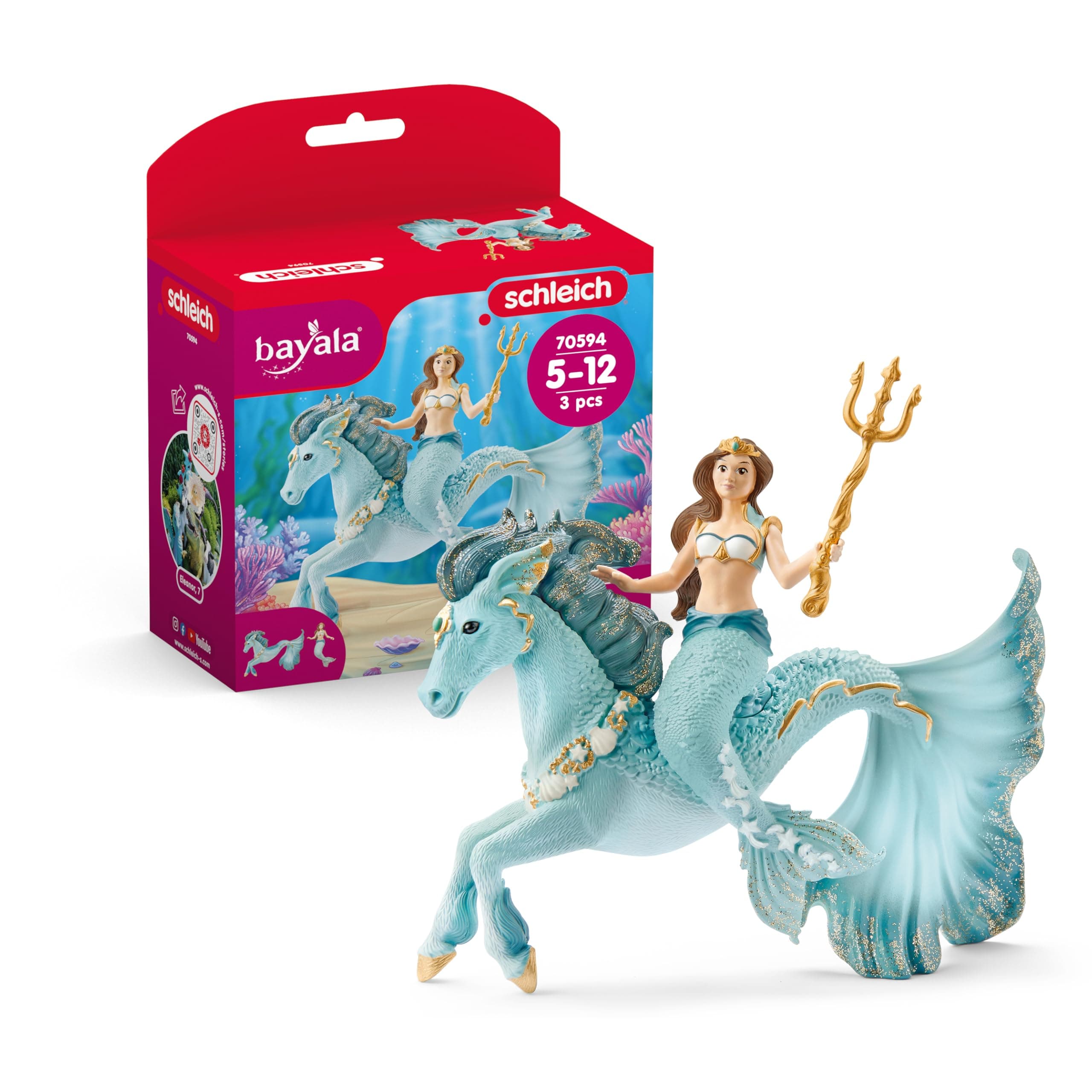 schleich BAYALA | Mermaid Eyela on Underwater Horse 70594 | with Trident | Detailed Figures | Small Gift for Girls and Boys | Play Figure from 5 Years | Set of 3 Pieces - Image 1
