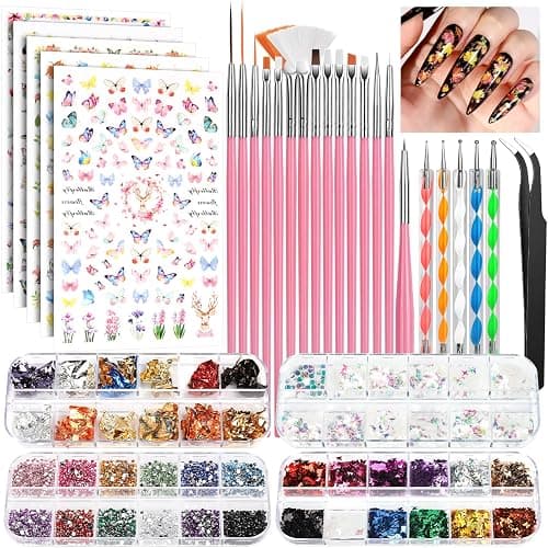 FANDAMEI Nail Art Brushes Set, Nail Art Kit, Nail Design Kit, Nail Art Dotting Pens, Nail Stickers, Butterfly Nail Art Sequins, Nail Foils, Nail Art Flakes Iridescent, Rhinestones For Nails - Image 1
