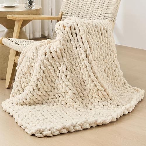 Bigacogo Chunky Knit Throw Blanket for Couch, 40x40 inches, 100% Hand Knitted with Thick Jumbo Chenille Yarn, Cozy Soft Large Rope Knot Cable Crochet Blankets for Sofa Bed Living Room, Beige - Image 1