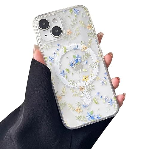 ZTOFERA Coque Magnétique pour iPhone 13/14 6,1 Pouce, Étui Souple Transparent avec Motif Fleurs Compatible avec Magsafe Charge sans Fil, Coque Protecteur Résistant- Fleur Bleue - Image 1