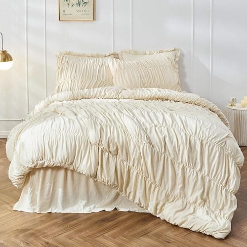 Queen Comforter Set - Ruched Comforter Queen Size Bed Set Boho Shabby Chic Bedding for Bedroom Comforter Fluffy 3 Piece Ruffle Comforter Set with Pillow White Bedding Soft - Image 1