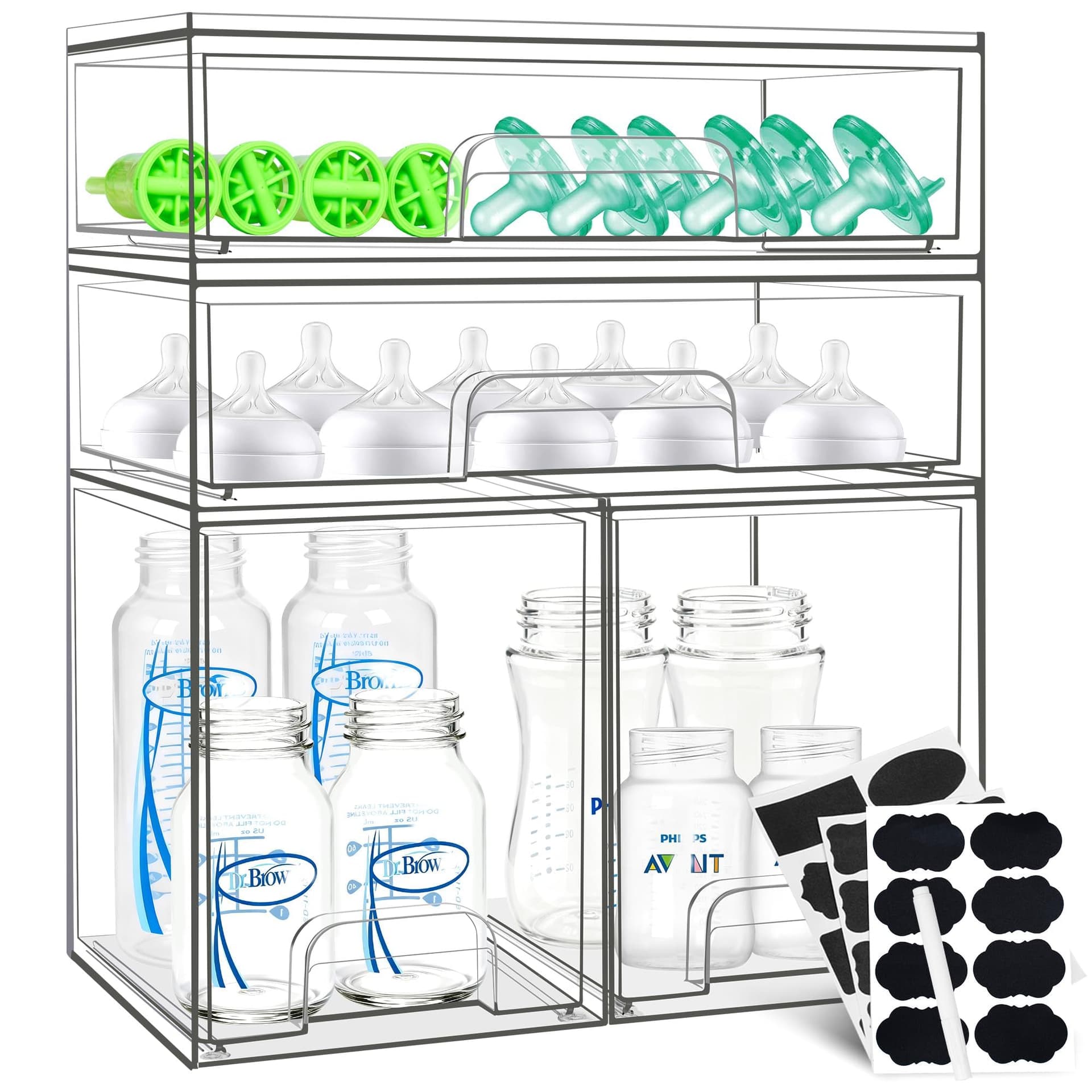 Baby Bottle Organizer, 4 Pack Stackable Storage Drawers with Labels, Clear Station Organizers Container for Pacifiers, Pump Parts, Desk Organizer Bins for Bathroom, Cabinet, Pantry, Vanity, Countertop - Image 1