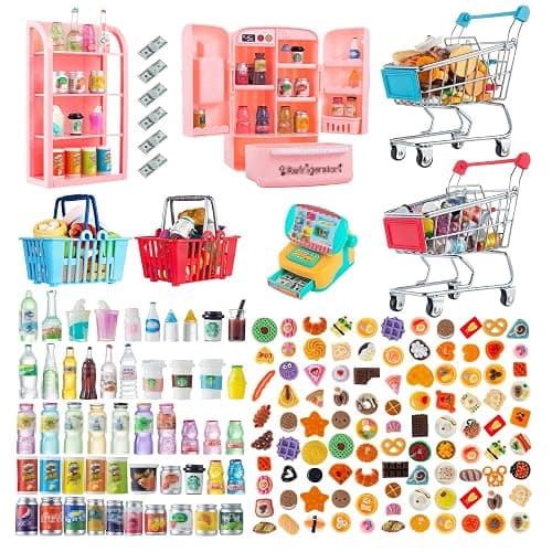 164Pcs Mini Shopping Cart Basket Miniature Food Drink Toy Supermarket Metal Handcart Trolley DollHouse Store Grocery Accessories Kitchen Play Game Party Model Shelves Cash Register Refrigerator Fridge - Image 1