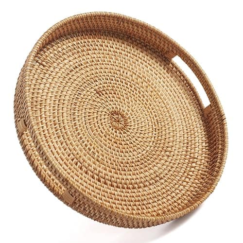 Coffee Table Tray Round Rattan Ottoman Tray Woven Serving Trays with Handles for Home and Kitchen Decorative Natural (Large 14 inch x 2.4 inch) - Image 1