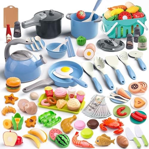 PURCHASED 130Pcs Kitchen Playset, Toddler Pretend Cooking Play Pots, Pans, Utensils Cookware, Daily Food Fruit Veges, Shopping Storage Basket, Dessert, Prop Money, Learning Gift for Child (Blue) - Image 1