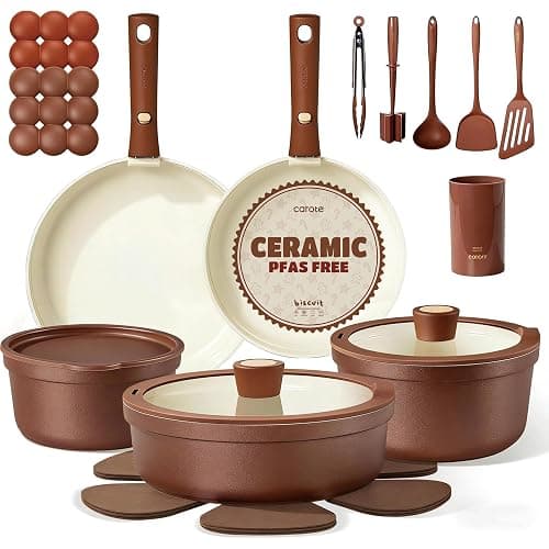 CAROTE 22Pcs Ceramic Cookware Set, Pots and Pans Set Non Stick Removable Handles, Non Toxic Cookware Oven/Dishwasher Safe, Induction Cookware, Gift Set, NonStick Cookware Set with Kitchen Essentials - Image 1