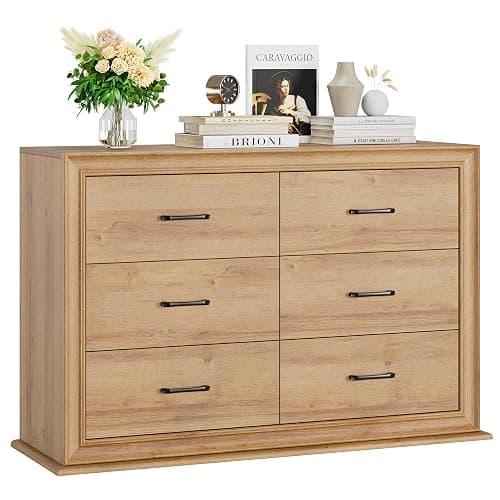 HIFIT Farmhouse 6 Drawer Dressers, 47.2" Wide Chest of 6 Drawers, Oak Double Dressers, Storage Organizer Cabinet for Living Room - Image 1