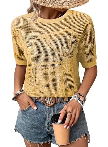 Dokotoo Womens Summer Short Sleeve Crochet Tops Hollow Out Floral Sweaters Beach Vacation Cruise Outfits - Image 1