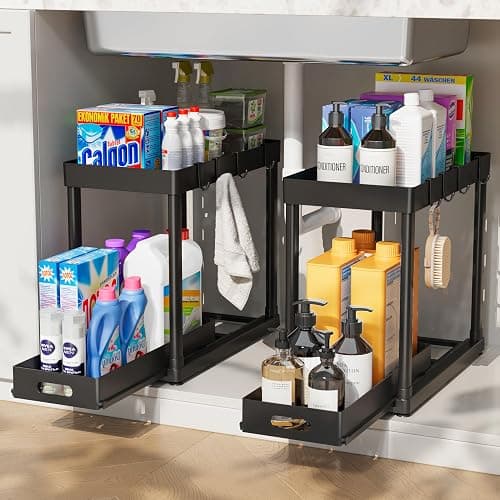 POUGNY 2 Pack Pull-Out Storage Organizers, Under Sink Organizer and Storage for Bathroom & Kitchen,Multi-Purpose Under Cabinet Organizers and storage Black - Image 1