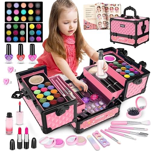 Hollyhi 59Pcs Kids Makeup Kit for Girl, Washable Play Makeup Toys Set for Dress Up, Beauty Vanity Set with Cosmetic Case Birthday Toys for Girls 3 4 5 6 7 8 9 10 11 12 Year Old Kids Toddlers ( Pink ) - Image 1