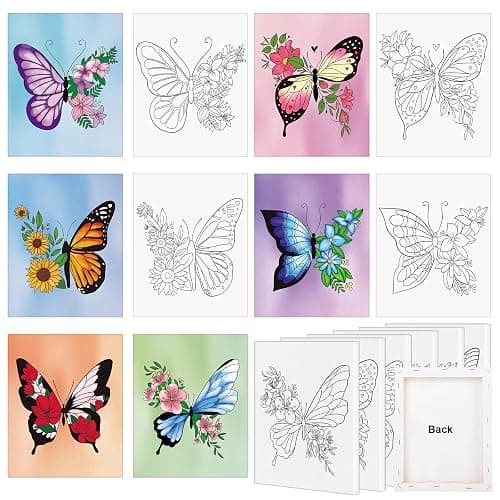 COCHIE 6 Pack 8x10 Inches Butterfly Flower Pre Drawn Canvas to Paint for Sip and Paint Party, Pre Printed Framed Canvases Set, Butterflies Pre Sketched Canvas for Painting for Adults Kids - Image 1