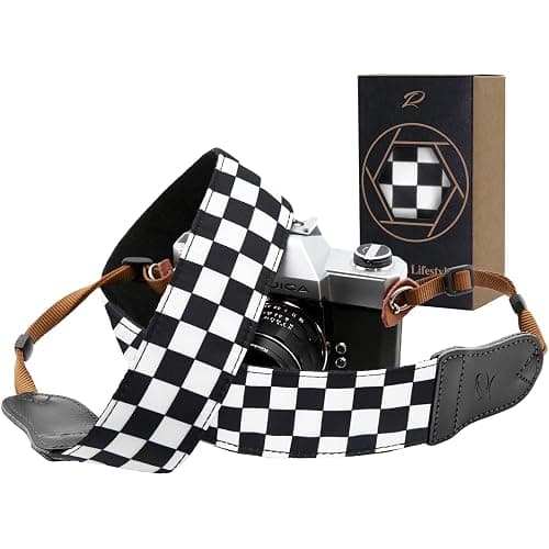 Padwa Lifestyle Black and White Plaid Camera Strap - 2" Wide Double Layer Cowhide Head,Cotton Camera Shoulder Straps,Grid Pattern Adjustable Camera Neck Strap for all Cameras,Gift for Photographers - Image 1