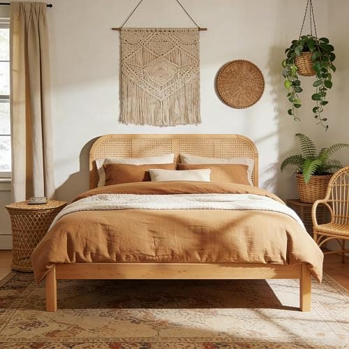 Merax Queen Size Natural Wood Bed Frame with Rattan Headboard, Boho Style Platform Bed Frame with Sturdy Solid Slats Support, No Box Spring Needed, 800lbs Capacity, Noise-Free, Easy Assembly - Image 1
