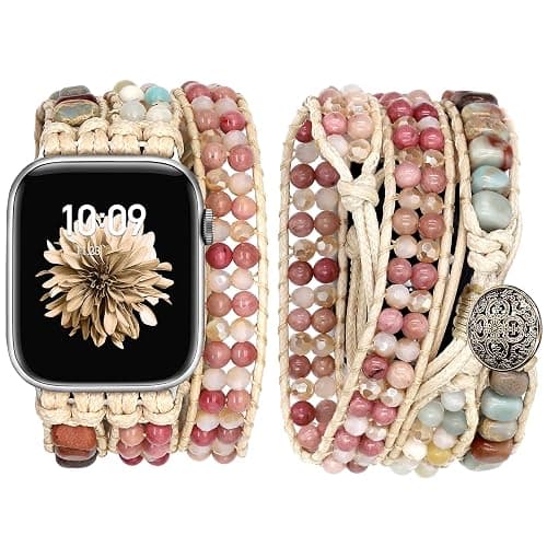 JR.DM Boho Beaded Band Women Compatible with Apple Watch 42mm(S3/2/1) 44mm 45mm 46mm 49mm Pink Bracelet Khaki Natural Stone Adjustable Braided Strap for iWatch Series 11/10/9/8/7/6/5/4/SE 3/2/1/Ultra - Image 1