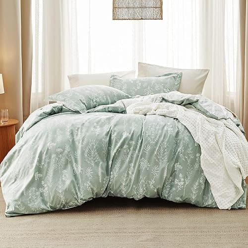 Bedsure Twin Comforter Set - Sage Green Bed Set, 2 Pieces Cute Floral Bedding, 1 Soft Reversible Botanical Flowers Comforter and 1 Pillow Sham - Twin/Twin XL - 01 - Sage Green - Image 1