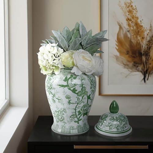 Temple Decorative Jar with Lid – Chinoiserie Ceramic Decorative Stoneware for Home Decor – Modern Centerpiece for Living Room, Bedroom & Office – 18.25", Green & White - Image 1
