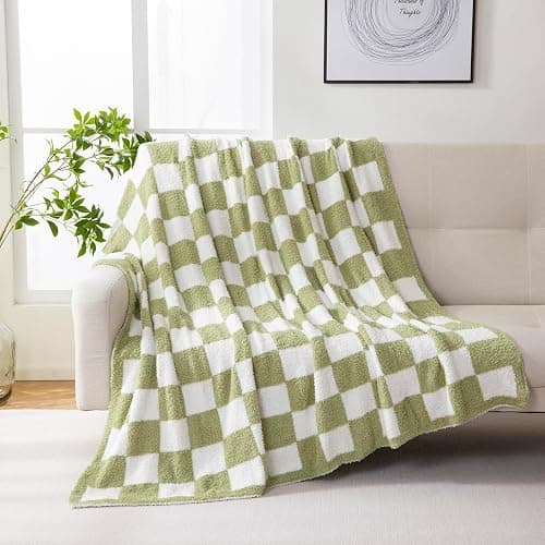 YIRUIO Throw Blanket Checkered Chessboard Fluffy Fuzzy Warmer Comfort Reversible Super Soft Cozy for Home Decor Bed Couch Sofa Living Room (Sage Green, 51''x63'') - Image 1
