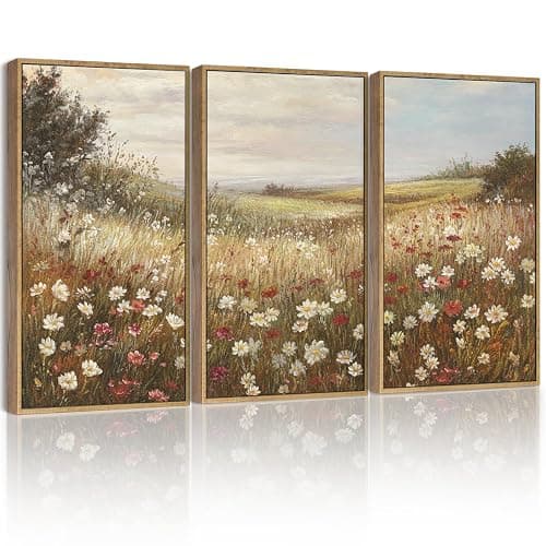 SHENIFY Vintage Framed Wall Art Meadow with Flowers Landscape Scenery Home Decor Retro Wildflower Field Decorations for Bedroom Ready to Hang Wall Artwork - 16x24in3pcs Natural Framed - Image 1
