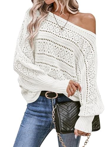 Cakulo Womens Off Shoulder Sweater Top Fall Outfits Fashion 2025 Oversized Knit Batwing Long Sleeve Crochet Pullover Sweaters - Image 1