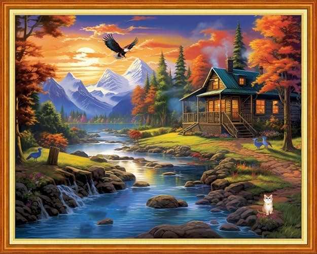 Dooxvey Cross Stitch Kits for Adults Stamped Full Range of Embroidery Starter Kits for Beginners 11CT Printed Cross Stitch Patterns Needlepoint Kits Stamped Crossstitch- Riverside Scenic 16x20 inch - Image 1