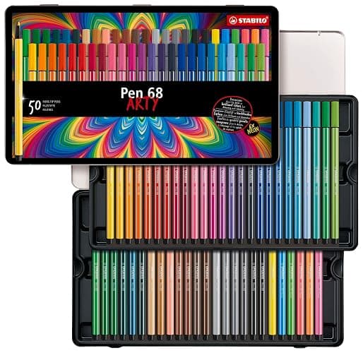 STABILO Premium Fiber-Tip Pen Pen 68 - Tin of 50 - Assorted Colors, Coloring Felt Tip Marker, Fine Point, 1mm Tip - Image 1