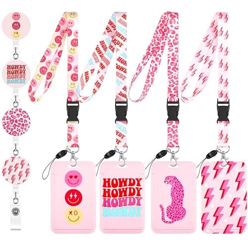 Lincia 12 Pcs Pink Preppy ID Badges Holder with Lanyard Retractable Reel Clip Cool for School Cute Smile Face Card Holder Keychain Back to School Supplies for Women Girls Student Nurse Office Worker - Image 1