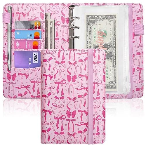 A6 Budget Binder for Money Saving, PU Leather Budget Planner with 8 Cash Envelopes, Budget Sheets & Rose Gold Category Stickers, Money Organizer for Cash (Pink Bow) - Image 1