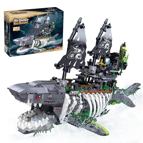 Mini Shark Ship Building Kit Compatible with Lego Pirates Ship Sets with Shark Skeleton Hull Gift for Adults Boys Girls 14+ (1155Pieces) - Image 1