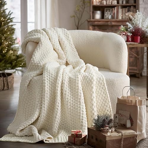 EVERGRACEHOME Chunky Chenille Knit Throw Blanket, 50 x 60, Ivory White | Sculpted Moss Stitch, Chic Modern Farmhouse, All-Season Warmth, OEKO-TEX® Certified, Elegant Blanket for Couch, Bed, Sofa - Image 1