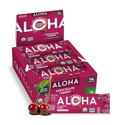 ALOHA Organic Plant Based Protein Bars - Chocolate Cherry - 12 Bars, Vegan, Low Sugar, Gluten-Free, Paleo, Low Carb, Non-GMO, No Stevia, No Erythritol - Image 1