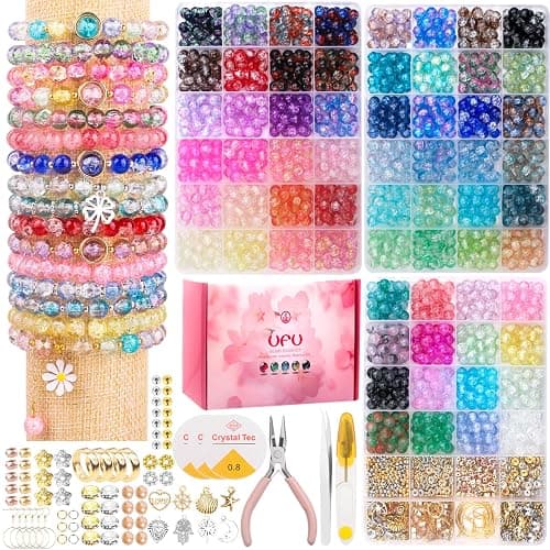 UFU 8mm Glass Beads Bracelet Making Kit, 1540+ Pcs 62 Colors Crackle Glass Beads for Jewelry Making, Round Crystal Beads for Bracelets Necklace Earrings DIY Crafts Gifts - Image 1