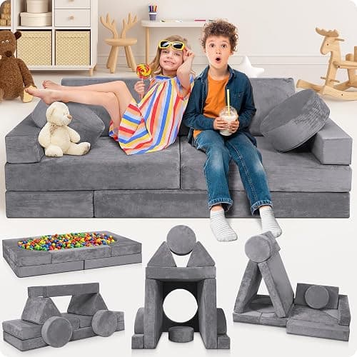 Lunix LX15 14pcs Modular Kids Play Couch, Design-Patent Child Sectional Sofa, Fort-Play Bedroom Playroom Furniture for Toddlers, Convertible Foam, Washable Covers, OEKO-TEX & CertiPUR-US, Granite Gray | Washable Covers, Imagination Play, Endless Builds, OEKO-Tex Certified, Stack & Store Easy, Play, Lounge, Fort - Image 1