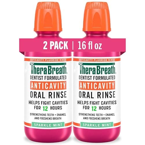 TheraBreath Anticavity Fluoride Oral Rinse Mouthwash, Fights Cavities, Strengthens Enamel and Freshens Breath, Dentist-Formulated, Alcohol-Free, Sparkle Mint Flavor, 16 fl oz, Pack of 2 - Image 1